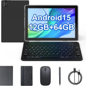 Tablet Android 15, 10 inch 2 in 1 Tablets with Keyboard Mouse Case Stylus, 12GB+64GB+1TB Expand Tablet, 1.8Ghz Quad-core CPU, 1280*800 IPS Touch Screen Computer, 5G Wi-Fi6 BT 5, 6000mAH Battery Tab PC