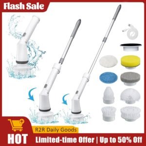 9-In-1 Electric Rotating Cleaning Brush Set, Cordless Electric Washer with Dual Adjustable Speeds, Adjustable And Detachable Handle Shower Washer, Featuring 9 Interchangeable Brush Heads, Suitable for Floors, Bathrooms, Bathtubs, Mats, And Ceilings